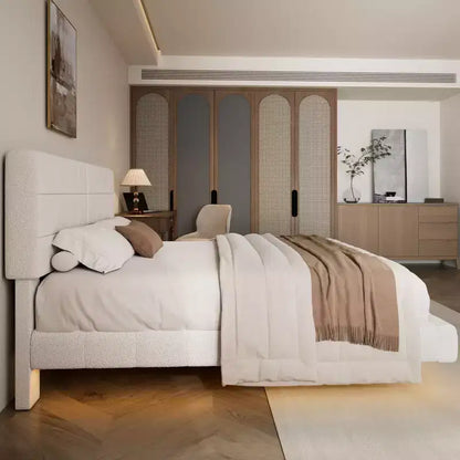 Cadre de lit flottant Okak au design élégant avec tête de lit rembourrée, lit de chambre principal moderne et minimaliste pour vous