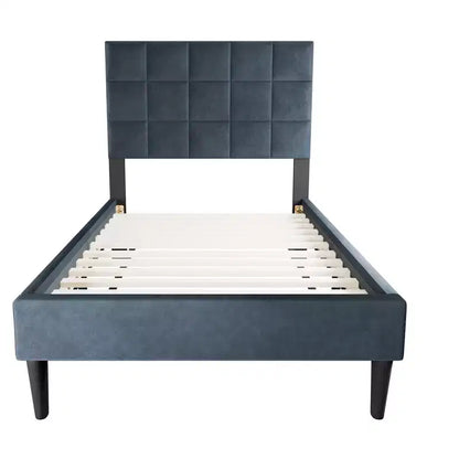 Lit plateforme tapissé de velours Okak, taille jumeau, avec sommier à lattes en bois, lit simple moderne pour chambre à coucher, chambre d'enfant