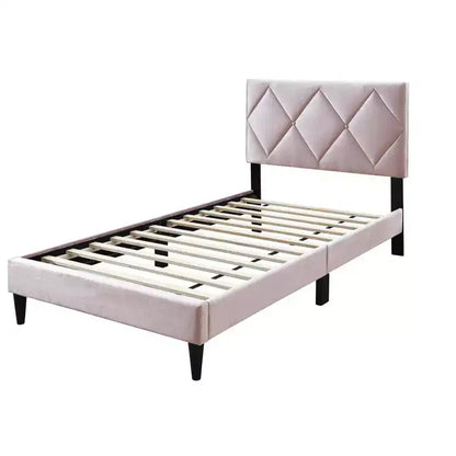 Lit plateforme tapissé de velours Okak, taille jumeau, avec sommier à lattes en bois, lit simple moderne pour chambre à coucher, chambre d'enfant