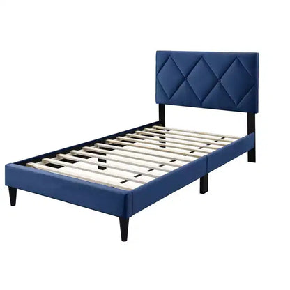 Lit plateforme tapissé de velours Okak, taille jumeau, avec sommier à lattes en bois, lit simple moderne pour chambre à coucher, chambre d'enfant