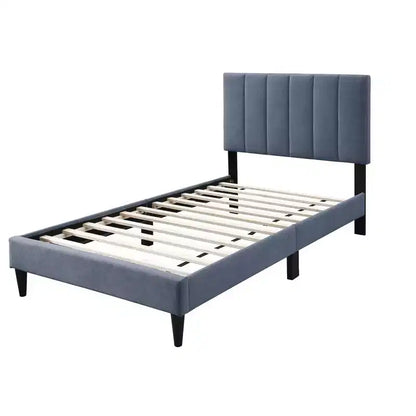 Lit plateforme tapissé de velours Okak, taille jumeau, avec sommier à lattes en bois, lit simple moderne pour chambre à coucher, chambre d'enfant