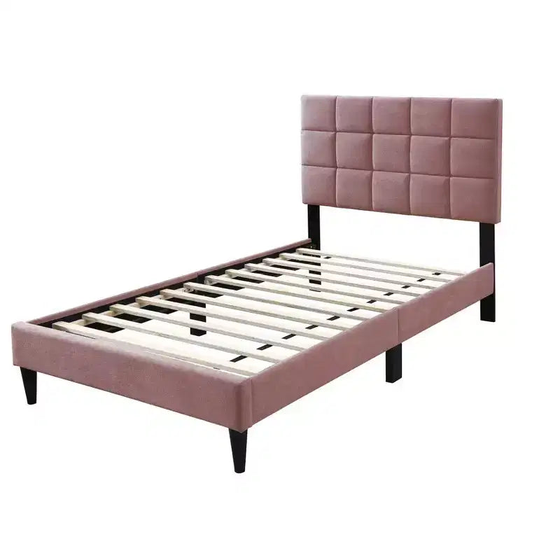 Lit plateforme tapissé de velours Okak, taille jumeau, avec sommier à lattes en bois, lit simple moderne pour chambre à coucher, chambre d'enfant