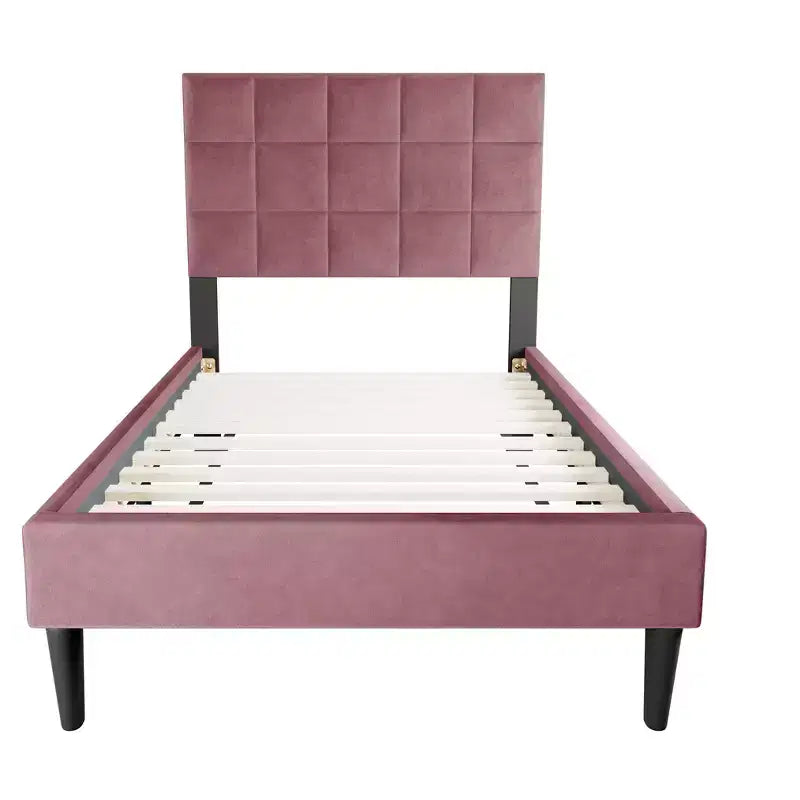 Lit plateforme tapissé de velours Okak, taille jumeau, avec sommier à lattes en bois, lit simple moderne pour chambre à coucher, chambre d'enfant