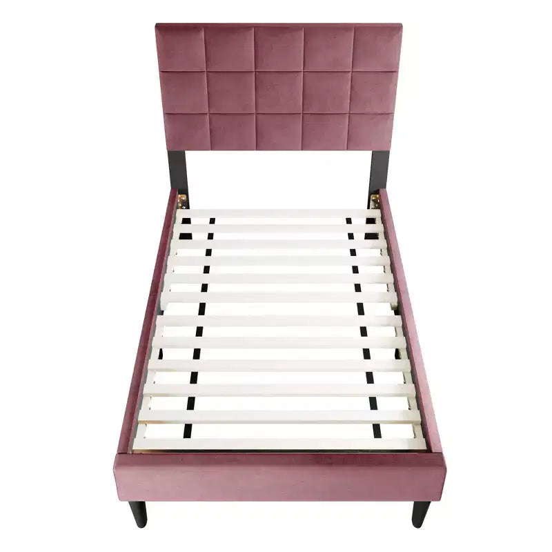Lit plateforme tapissé de velours Okak, taille jumeau, avec sommier à lattes en bois, lit simple moderne pour chambre à coucher, chambre d'enfant