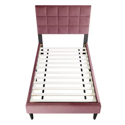Lit plateforme tapissé de velours Okak, taille jumeau, avec sommier à lattes en bois, lit simple moderne pour chambre à coucher, chambre d'enfant