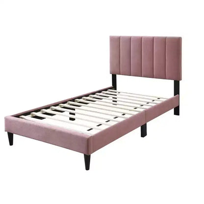 Lit plateforme tapissé de velours Okak, taille jumeau, avec sommier à lattes en bois, lit simple moderne pour chambre à coucher, chambre d'enfant