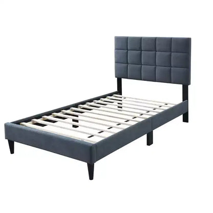 Lit plateforme tapissé de velours Okak, taille jumeau, avec sommier à lattes en bois, lit simple moderne pour chambre à coucher, chambre d'enfant
