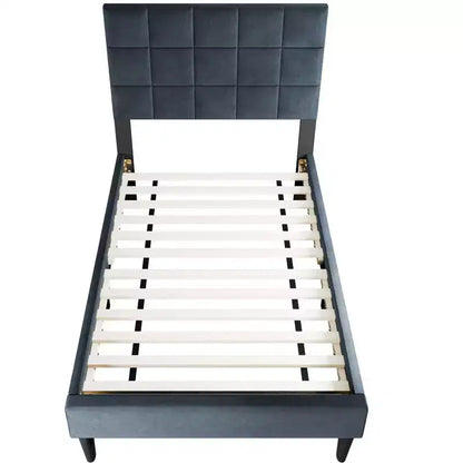 Lit plateforme tapissé de velours Okak, taille jumeau, avec sommier à lattes en bois, lit simple moderne pour chambre à coucher, chambre d'enfant