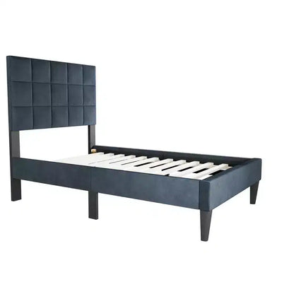 Lit plateforme tapissé de velours Okak, taille jumeau, avec sommier à lattes en bois, lit simple moderne pour chambre à coucher, chambre d'enfant