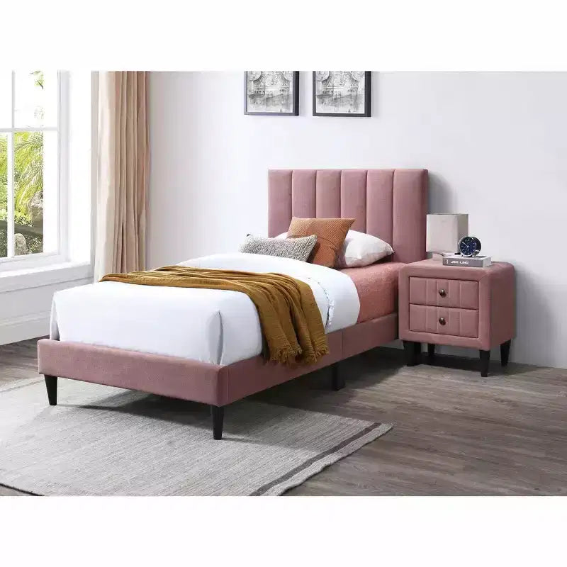 Lit plateforme tapissé de velours Okak, taille jumeau, avec sommier à lattes en bois, lit simple moderne pour chambre à coucher, chambre d'enfant