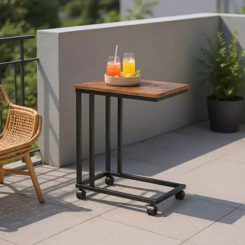FurnitureR End Table C Shaped, Snack Side Table with Rolling Wheels for Sofa Couch and Bed, Portable, Easy Assembly, Metal Frame, Rustic Brown