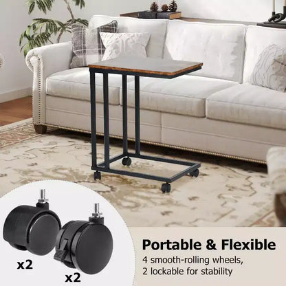 Table d'appoint en C FurnitureR, table d'appoint à roulettes pour canapé et lit, portable, montage facile, cadre en métal, marron rustique