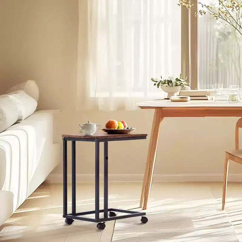 Table d'appoint en C FurnitureR, table d'appoint à roulettes pour canapé et lit, portable, montage facile, cadre en métal, marron rustique