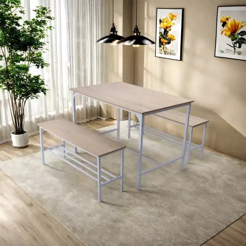 Ensemble de salle à manger FurnitureR, ensemble de salle à manger 3 pièces avec étagères de rangement, cadre en métal et panneaux MDF, dînette pour cuisine, salle à manger, restaurant, chêne