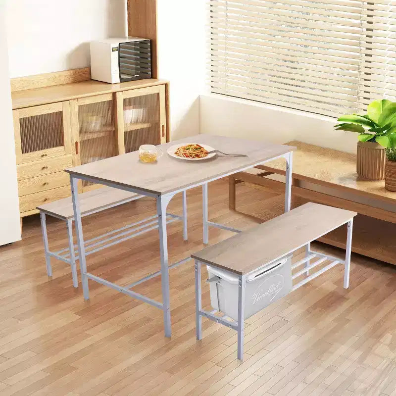 Ensemble de salle à manger FurnitureR, ensemble de salle à manger 3 pièces avec étagères de rangement, cadre en métal et panneaux MDF, dînette pour cuisine, salle à manger, restaurant, chêne
