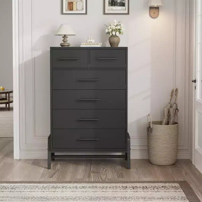 Commode moderne à 6 tiroirs, dont 4 tiroirs pleine largeur et 2 petits tiroirs, meuble de rangement autonome en bois de 118,4 cm de haut pour chambre à coucher ou salon