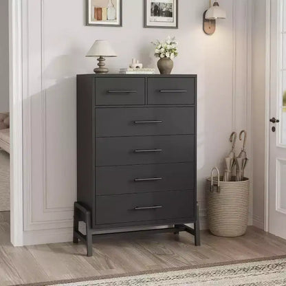 Commode moderne à 6 tiroirs, dont 4 tiroirs pleine largeur et 2 petits tiroirs, meuble de rangement autonome en bois de 118,4 cm de haut pour chambre à coucher ou salon