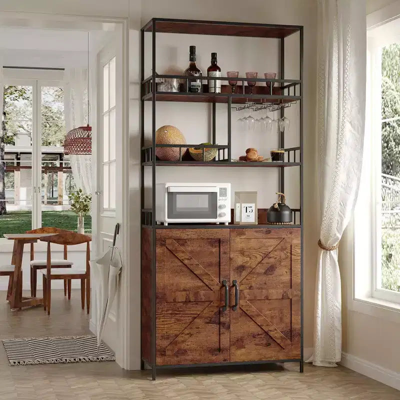 Meuble de cuisine autoportant de type desserte de boulanger, meuble de bar à vin de 180 cm de haut avec porte-verres, meuble de bar à café à 4 niveaux, support de micro-ondes sur pied pour appartement