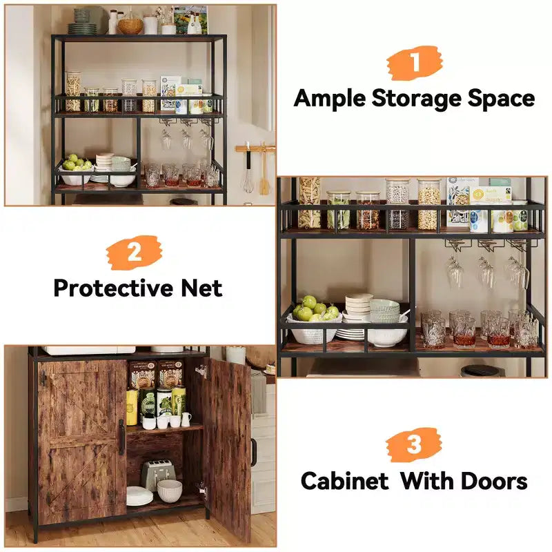 Meuble de cuisine autoportant de type desserte de boulanger, meuble de bar à vin de 180 cm de haut avec porte-verres, meuble de bar à café à 4 niveaux, support de micro-ondes sur pied pour appartement