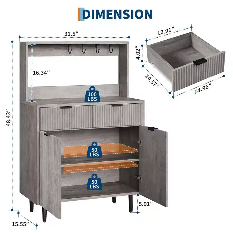 GustoWave Buffet moderne cannelé de 48 po avec étagères réglables et tiroirs, table console pour bar à café dans la salle à manger, la cuisine