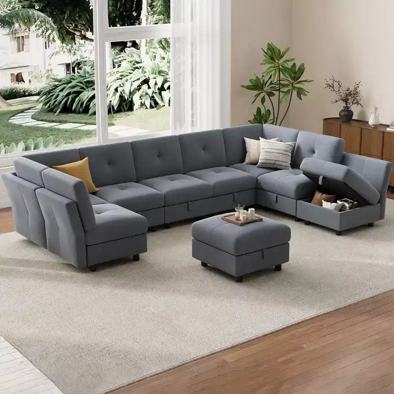 Canapé d'angle modulable, canapé d'angle en forme de U de 365,3 cm avec pouf de rangement, canapé d'angle confortable 9 places, canapé en velours avec revêtement