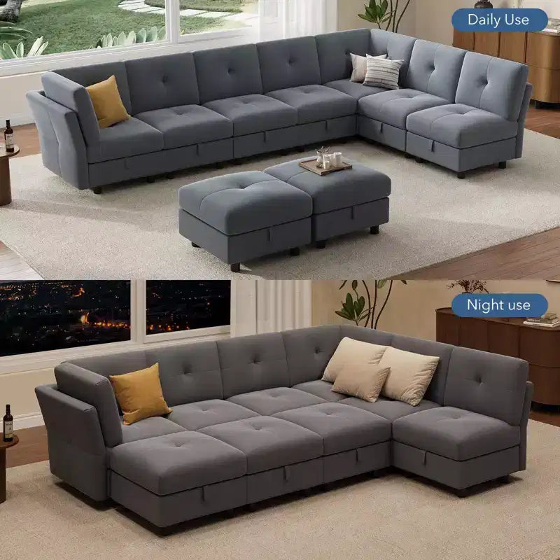 Canapé d'angle modulable, canapé d'angle en forme de U de 365,3 cm avec pouf de rangement, canapé d'angle confortable 9 places, canapé en velours avec revêtement