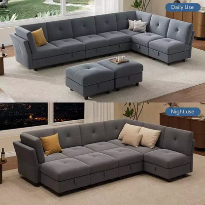 Canapé d'angle modulable, canapé d'angle en forme de U de 365,3 cm avec pouf de rangement, canapé d'angle confortable 9 places, canapé en velours avec revêtement