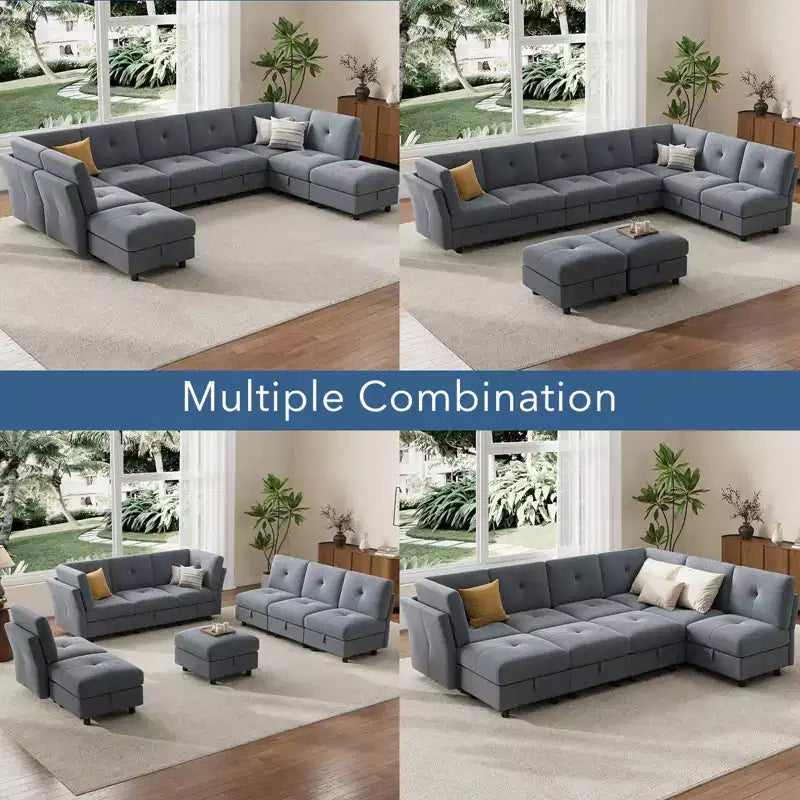 Canapé d'angle modulable, canapé d'angle en forme de U de 365,3 cm avec pouf de rangement, canapé d'angle confortable 9 places, canapé en velours avec revêtement