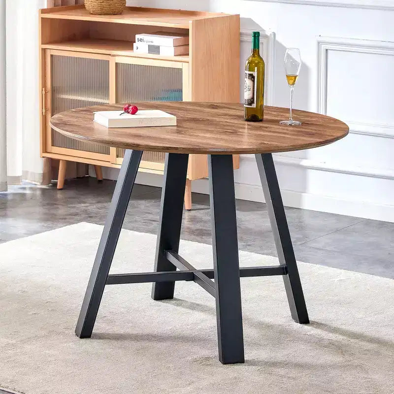 Okak 42IN Minimalism Round Dining Table, Dining Table with Cross Reinforced Metal Legs, Round Table for Living Room, Dining Room, Wood