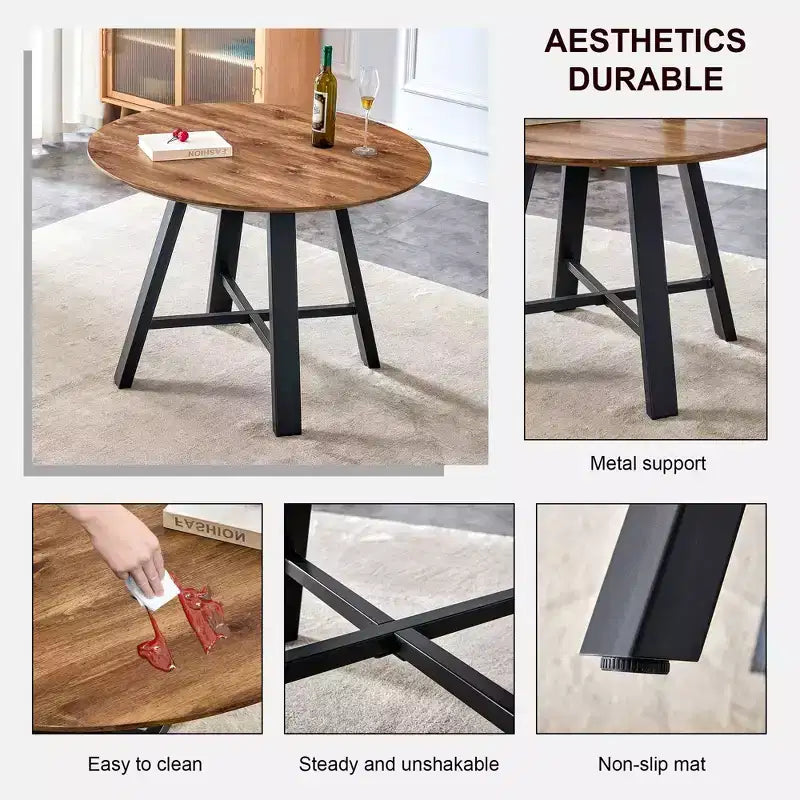 Okak Table à Manger Ronde Minimaliste 42", Table à Manger avec Pieds en Métal Renforcés en Croix, Table Ronde pour Salon, Salle à Manger, Bois