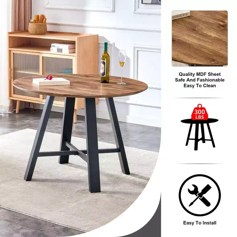 Okak Table à Manger Ronde Minimaliste 42", Table à Manger avec Pieds en Métal Renforcés en Croix, Table Ronde pour Salon, Salle à Manger, Bois