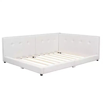 Lit de repos d'angle en forme de L, canapé-lit rembourré avec ports USB, cadre de lit plateforme capitonné en lin avec tête de lit