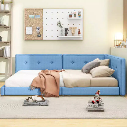 Lit de repos d'angle en forme de L, canapé-lit rembourré avec ports USB, cadre de lit plateforme capitonné en lin avec tête de lit