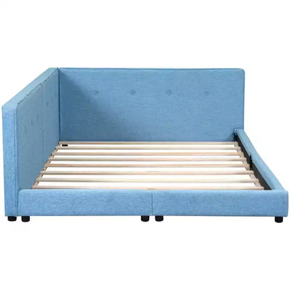 Lit de repos d'angle en forme de L, canapé-lit rembourré avec ports USB, cadre de lit plateforme capitonné en lin avec tête de lit