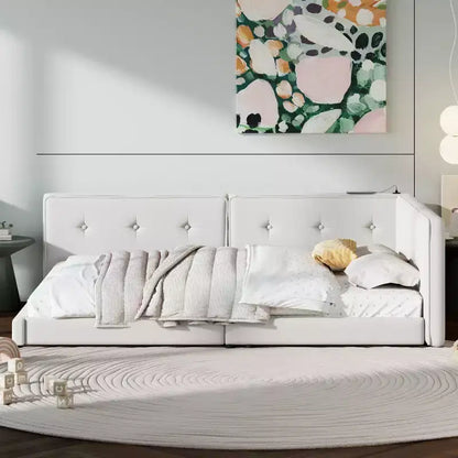 Lit de repos d'angle en forme de L, canapé-lit rembourré avec ports USB, cadre de lit plateforme capitonné en lin avec tête de lit