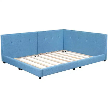 Lit de repos d'angle en forme de L, canapé-lit rembourré avec ports USB, cadre de lit plateforme capitonné en lin avec tête de lit