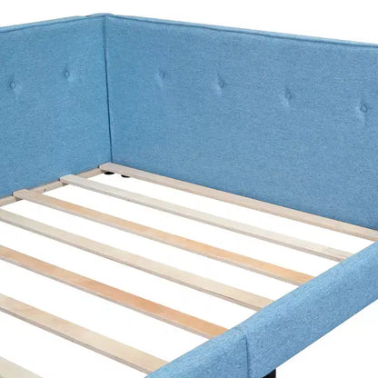Lit de repos d'angle en forme de L, canapé-lit rembourré avec ports USB, cadre de lit plateforme capitonné en lin avec tête de lit