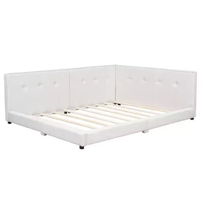 Lit de repos d'angle en forme de L, canapé-lit rembourré avec ports USB, cadre de lit plateforme capitonné en lin avec tête de lit