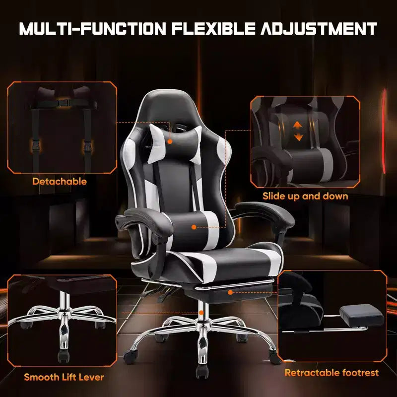 MAYEERTY Chaise de gaming Chaise de bureau ergonomique avec repose-pieds Soutien lombaire confortable en cuir PU Inclinable avec appuie-tête Accoudoir fixe