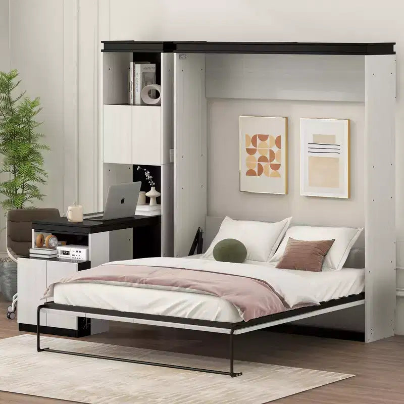 Full Size Murphy Bed Wall Bed with Storage Shelves Table, Folding Wall Cabinets Bed for Bedroom Guest Room, Black White