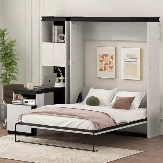 Full Size Murphy Bed Wall Bed with Storage Shelves Table, Folding Wall Cabinets Bed for Bedroom Guest Room, Black White