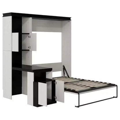 Lit mural escamotable pleine grandeur avec étagères de rangement et table, lit mural pliant pour chambre à coucher ou chambre d'amis, noir et blanc