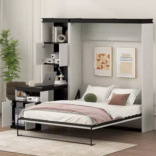 Lit mural escamotable pleine grandeur avec étagères de rangement et table, lit mural pliant pour chambre à coucher ou chambre d'amis, noir et blanc