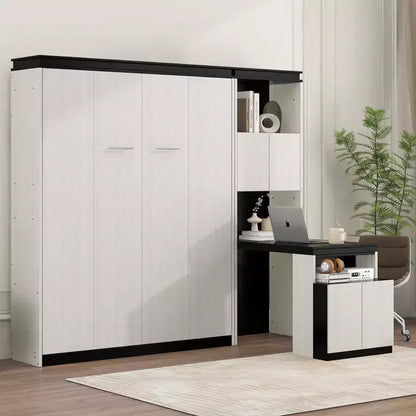 Lit mural escamotable pleine grandeur avec étagères de rangement et table, lit mural pliant pour chambre à coucher ou chambre d'amis, noir et blanc