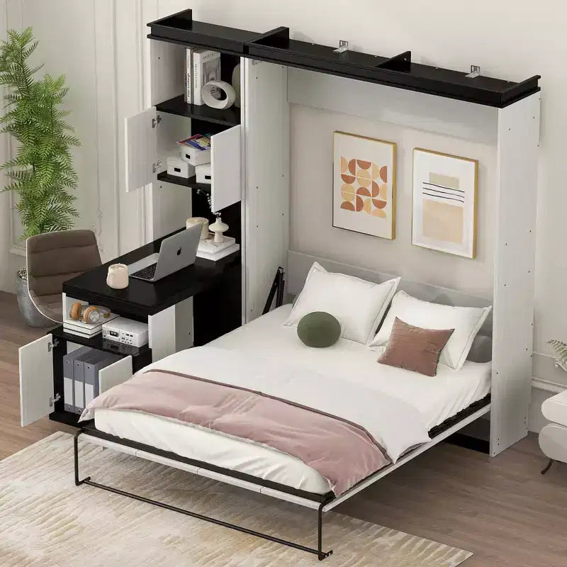 Lit mural escamotable pleine grandeur avec étagères de rangement et table, lit mural pliant pour chambre à coucher ou chambre d'amis, noir et blanc