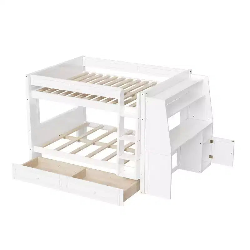 Lit superposé multifonctionnel pleine grandeur avec bureau, étagères et lit gigogne/tiroirs - ModernLuxe