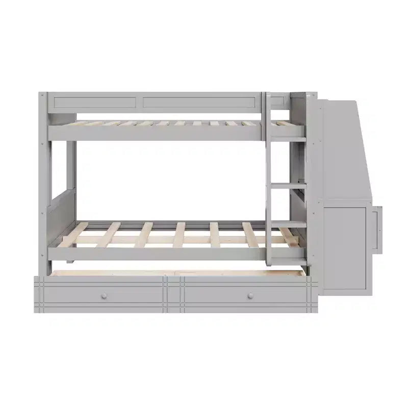 Lit superposé multifonctionnel pleine grandeur avec bureau, étagères et lit gigogne/tiroirs - ModernLuxe