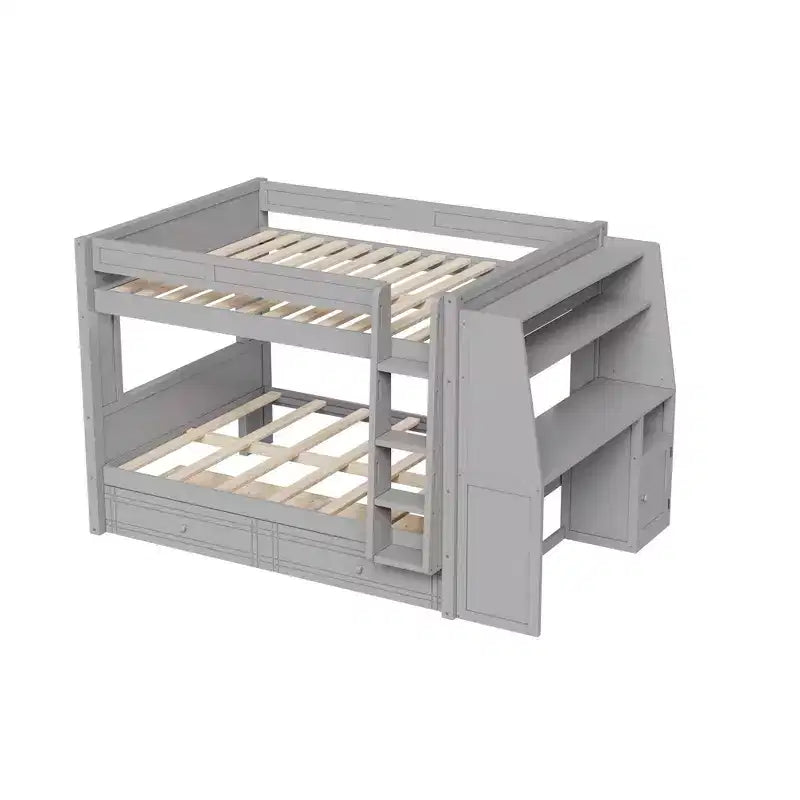Lit superposé multifonctionnel pleine grandeur avec bureau, étagères et lit gigogne/tiroirs - ModernLuxe