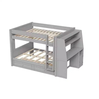 Lit superposé multifonctionnel pleine grandeur avec bureau, étagères et lit gigogne/tiroirs - ModernLuxe
