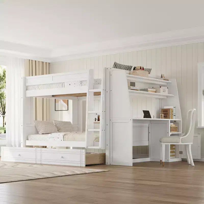 Lit superposé multifonctionnel pleine grandeur avec bureau, étagères et lit gigogne/tiroirs - ModernLuxe